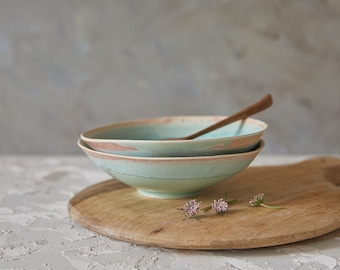 Ceramic Soup Bowl, Light Turquoise/Green Pottery Bowl, Handmade Stoneware Salad Serving Bowl, Modern Footed Noodle, Asian Dinner Bowls Set