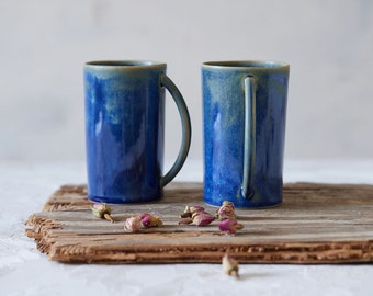 Ocean Blue Ceramic High Coffee Mug, Handcrafted Pottery Tall Tea Cup, Elegant Modern Gift