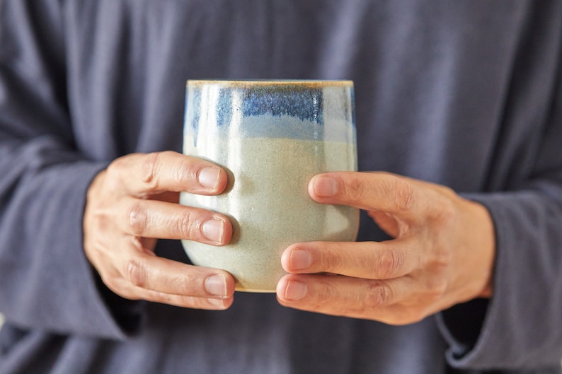 Set of Two Ceramic Cups, Fine Handmade Pottery, Huggable Teacups, Gray and Blue Stoneware Cups, Cold Drinks Mugs Set, Nordic Design image 4