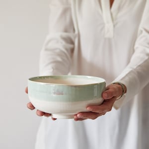 Teal-White Ceramic Large Serving Bowl, Round Salad Bowl, Pottery Unique Handmade Holiday Gift