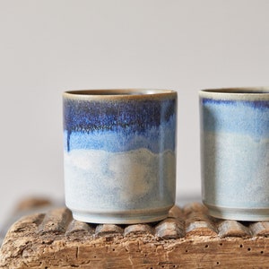 Set of TWO Ocean Blue Cups, Gray Blue Shades Handmade Ceramic Cups, Pottery Water Glass, Large Eclectic Bohemian Coffee Cups