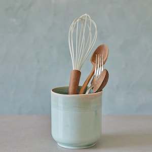 Ceramic Turquoise Utensil Holder, Pottery Utensil Jar, Knives And Spoon Holder, Storage Jar, Stoneware Vase, Kitchen Utensil Pot image 1