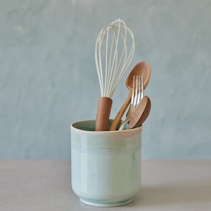 Ceramic Turquoise Utensil Holder, Pottery Utensil Jar, Knives And Spoon Holder, Storage Jar, Stoneware Vase, Kitchen Utensil Pot