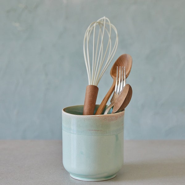 Porte-ustensiles en céramique turquoise, Pot à ustensiles en poterie, Porte-couteaux et cuillère, Pot de rangement, Vase en grès, Pot pour ustensiles de cuisine