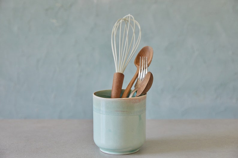 Ceramic Turquoise Utensil Holder, Pottery Utensil Jar, Knives And Spoon Holder, Storage Jar, Stoneware Vase, Kitchen Utensil Pot image 1