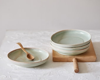 Green Ceramic TWO Salad Plates, Small Dinner Plates, Deep Pottery Dinner Plates Set, Cake Serving Plates, Dessert / Appetizer Plates