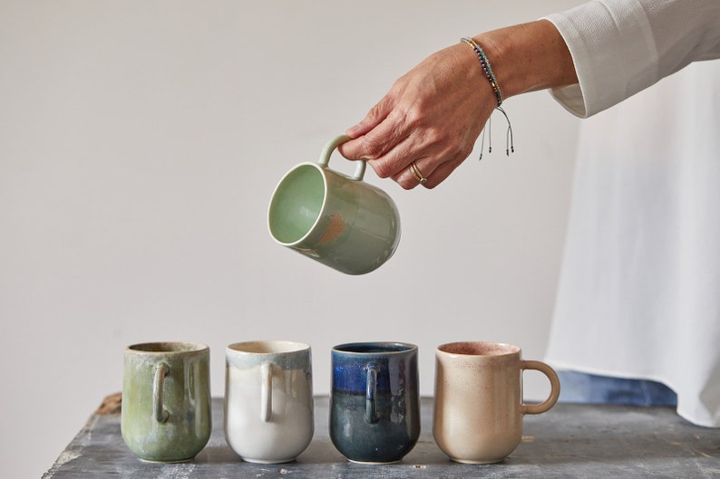 White/Gray Pottery Coffee Mug, Ceramic Tea Cup with Handle, 11 fl.oz image 6