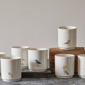 Set of TWO Coffee Cups, 2 Hand-Painted Birds Graphic Ceramic Cups, Pottery Tumbler Cups Set, Bird Lovers Gift, Glossy White Teacups