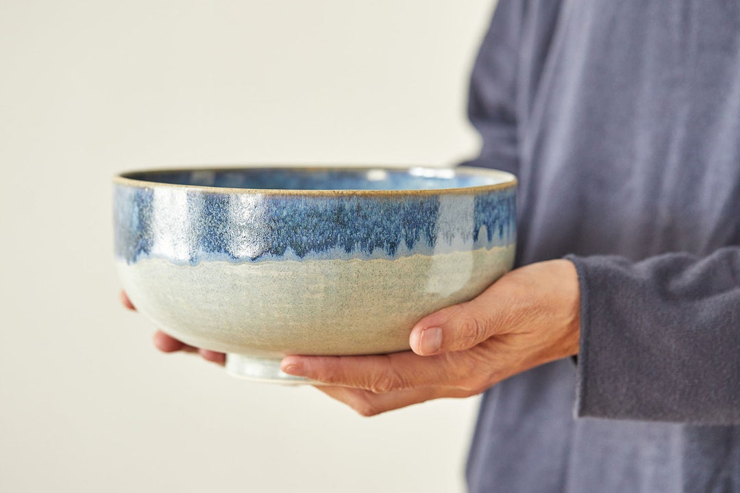 Large Ceramic Salad Serving Bowl, Gray and Blue Greek Style Pottery