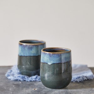 14 Oz Set of TWO Tumblers, Cold or Hot Drink Cups, Handmade Pottery Large Mugs, Unique Boho Marbled Coffee Mugs image 1
