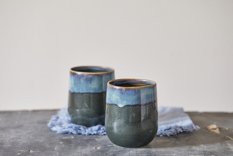 14 Oz Set of TWO Tumblers, Cold or Hot Drink Cups, Handmade Pottery Large Mugs, Unique Boho Marbled Coffee Mugs image 1