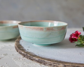 Ceramic Rice Bowls, Set of 2 Turquoise Serving Bowls, Handmade Pottery, Asian Soup Bowl, Japanese Style Noodle Bowls, Kitchen Tableware