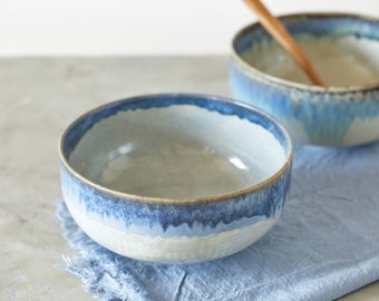 Set of TWO Ceramic Footed Bowls, Round Noodles Bowl, Gray and Blue Pottery Salad Bowl, Japanese Nesting Bowl with Leg, Handmade Holiday Gift