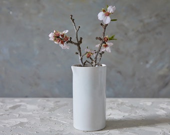 Tall White Cylinder Ceramic Jug, Small Pottery Pitcher, Stoneware Vase, Kitchen Home Decor, Modern Carafe, Flower Bud Vase, Wedding Gift
