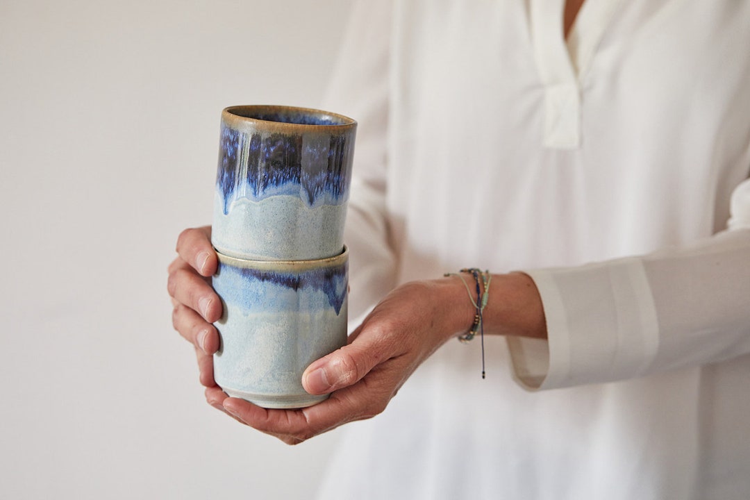 Ceramic Cappuccino Cups, Two Ocean Blue Handmade Coffee Cups, Tea