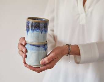 Ceramic Cappuccino Cups, Two Ocean Blue Handmade Coffee Cups, Tea Beakers 8.5 fl. oz, Unique Tea Gift