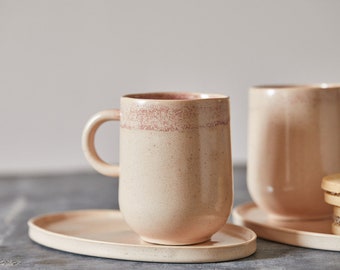 TWO Peach Handmade Rustic Ceramic Coffee Mugs, Modern Bohemian Pottery Large Coffee Mugs, Huggable Cappuccino Cups Set, Mom Christmas Gift