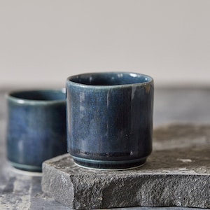 Dark Blue Ceramic Espresso Cups set of TWO, Small Handmade Mugs, Modern Shot glass, 70 ml/2.5 fl.oz