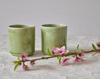 Set of TWO Green Handles Ceramic Cups, Double Espresso Coffee Pottery Cups, 8.5 fl. oz Cups