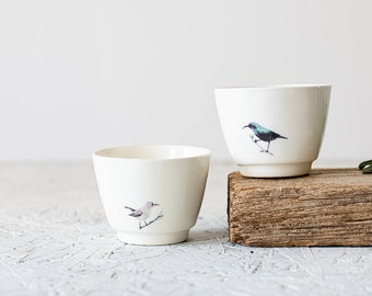 Espresso Cup Set Of 2, White Ceramic Cups, Pottery Coffee Tumbler Set, Hand Painted Sunbirds Teacup, Drink-ware Set Gift Idea with Birds