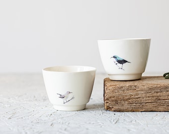 Espresso Cup Set Of 2, White Ceramic Cups, Pottery Coffee Tumbler Set, Hand Painted Sunbirds Teacup, Drink-ware Set Gift Idea with Birds