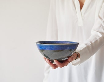 Ceramic Ramen Bowl, Blue Noodles Bowl, Pottery Soup Bowl, Salad Serving Bowl, Modern Japanese Nesting Bowl, New Home Gift