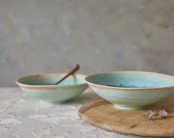 Set of 2 Soup Bowls, Turquoise Ceramic Bowls, Handmade Pottery Bowls, Dinner Salad Bowl, Contemporary Nesting Bowls Set, Christmas Gift