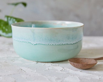 Large Green-Turquoise Deep Handmade Pottery Salad Bowl, Modern Asian-Style Ceramic Soup Serving Bowl, Marbled Decorative Dinner Serving Bowl