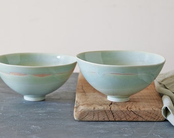 Ceramic Ramen Bowls Set, Light Turquoise-Green Noodles Bowls, Pottery Soup / Salad Serving Bowl, Modern Japanese Nesting Bowl, New Home Gift