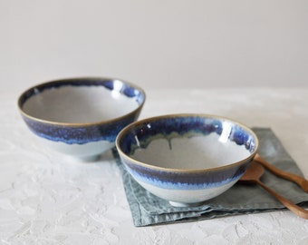 Set of 2 Ceramic Ramen Bowls, Light Gray and Dark Blue Soup Bowl Set, Handmade Dinner Pottery Bowls, Salad Serving Bowls, Modern Bowls Set