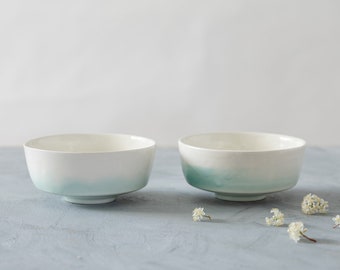 TWO Teal-White Ceramic Dinner Bowls, Handmade Pottery Soup Bowls, Cereals Bowls Set, Footed Bowls