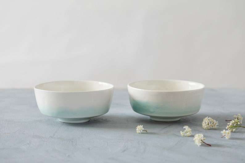 Japanese Ceramic Rice Bowl Whitegreen Pottery Serving Dish Etsy