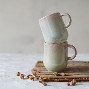 Set of TWO Ceramic Mugs with Handles, Terracotta-Rose/Pistachio-Green Glaze, Pottery Coffee Cups, 11 fl. oz