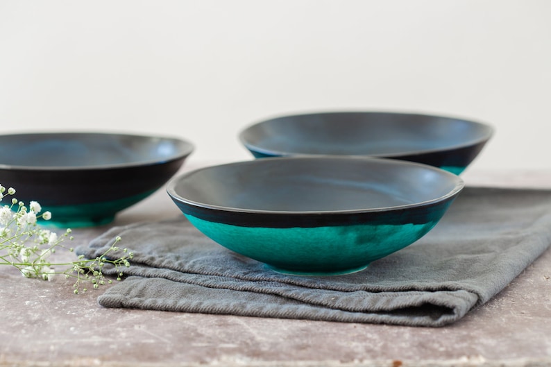 Couple Gift Idea Salad Bowl Soup Bowl Black /& Turquoise Bowl Nesting Bowl Ceramic Serving Bowls Set Of 2 Modern Pottery Serving Dish