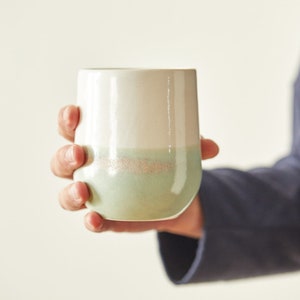 Set of TWO Large Pottery Tumblers, 14 Oz Huggable Cups, White & Green Coffee Mugs, Handmade Tall Mugs, Mom Christmas Gift