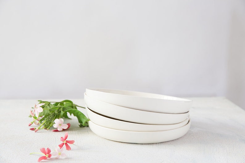Set of 4 White Handmade Deep Large Dinner Plates, Modern Ceramic Serving Plate, Pottery Dinnerware Handmade Plates, Dinnerware Set image 6