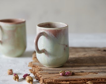 Set of 2 Brown Green Ceramic Mugs with Handle, Handmade Pottery Coffee and Tea Cups, Scandinavian Nordic Design Mugs, Modern Pottery Mugs