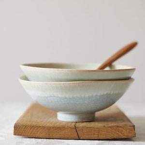 2 Handmade Soup Bowls Set, Rustic Two-Tone Green and Stone Gray Pottery Large Pasta Bowls, Footed Ceramic Salad Bowls, Unique Cereals Bowls
