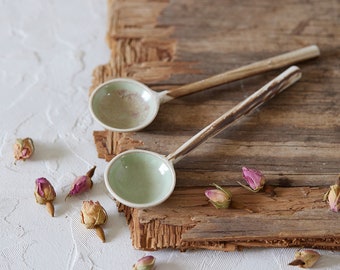Ceramic Spoons Set of Two, Rustic Terracotta Rose and Pistachio Green Spoons, Coffee Bar Accessories, Pair of Appetizer utensils