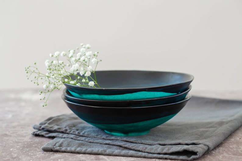 Couple Gift Idea Salad Bowl Soup Bowl Black /& Turquoise Bowl Nesting Bowl Ceramic Serving Bowls Set Of 2 Modern Pottery Serving Dish