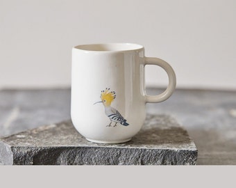 Hand-Painted Hoopoe Mug, White Ceramic Gift idea for bird collectors