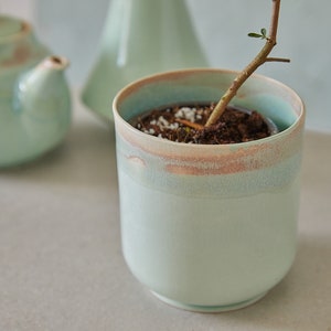 Light Green and Brown Ceramic Indoor Planter, Modern Plant Holder, Pottery Pot, Succulent Home Planter, Mini Pot Gift, Herbs Vessel