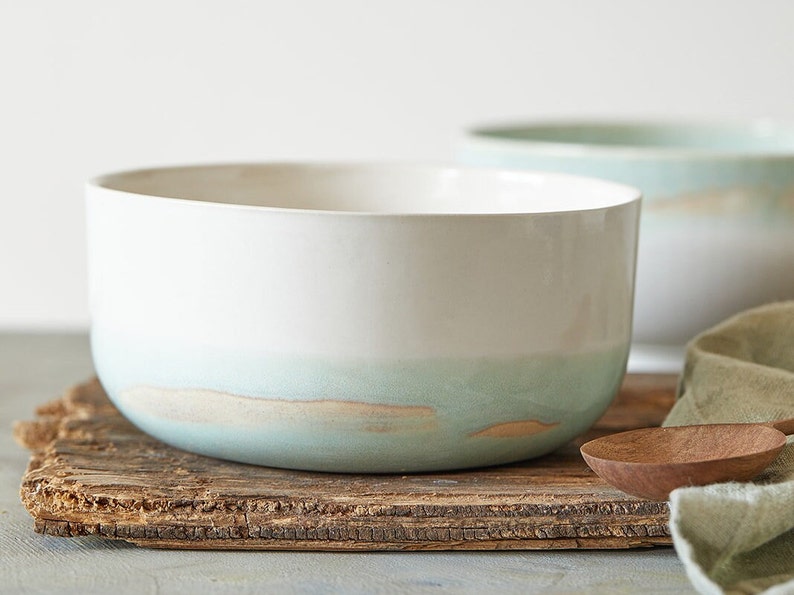 Handmade Ceramic Bowl, White and Light Turquoise Noodles Bowl, Pottery Soup Bowl, Salad Serving Bowl, Nesting Bowl, Holiday Gift Idea image 7
