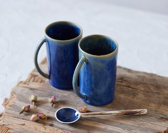 TWO Ocean Blue Mugs and Spoons, Ceramic Coffee/Tea Lovers Gift, Handcrafted Pottery Elegant Tall Teacups