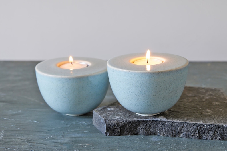 Gray-Stoney Pottery Candlestick Tealight Holder Set, Ceramic Sabbath Candle Holders, Jewish Candle Holders Gift, Romantic Engagement Gift image 4