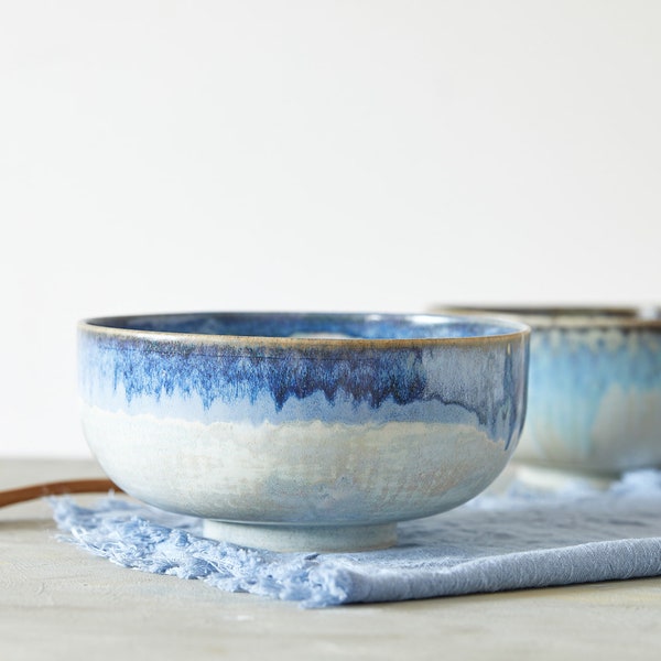 Unique Ceramic Footed Bowl, Round Noodles Bowl, Gray and Blue Pottery Salad Bowl, Japanese Nesting Bowl with Leg, Handmade Holiday Gift