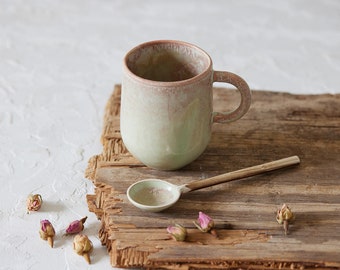 Set of 2 Ceramic Mugs and 2 Spoons, 11 fl.oz, Pistachio Green and Terracotta Rose Glaze, Perfect Gift for Coffee or Tea Lovers