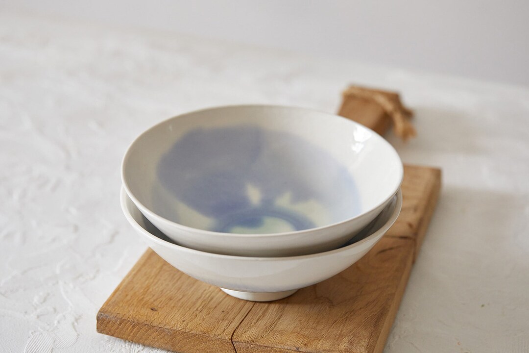 2 Large Footed Handmade Soup Bowls, Set of Two White & Turquoise