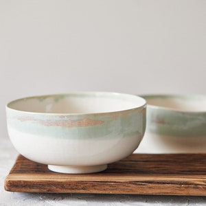 TWO Handmade Serving Bowls, Large Wide Ramen Soup Bowl, Pottery Rustic Set, Handmade White/Turquoise Footed Bowl, Mother Christmas Gift
