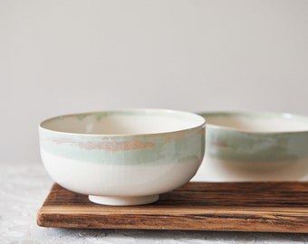 TWO Handmade Serving Bowls, Large Wide Ramen Soup Bowl, Pottery Rustic Set, Handmade White/Turquoise Footed Bowl, Mother Christmas Gift